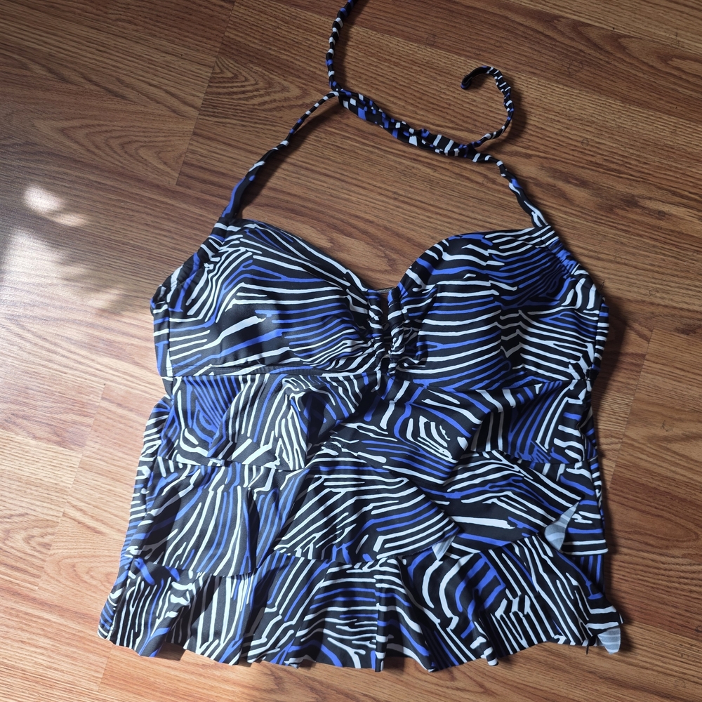 Catalina Blue and Black Zebra Print Swimsuit Top Ties In Back & Aound Neck
